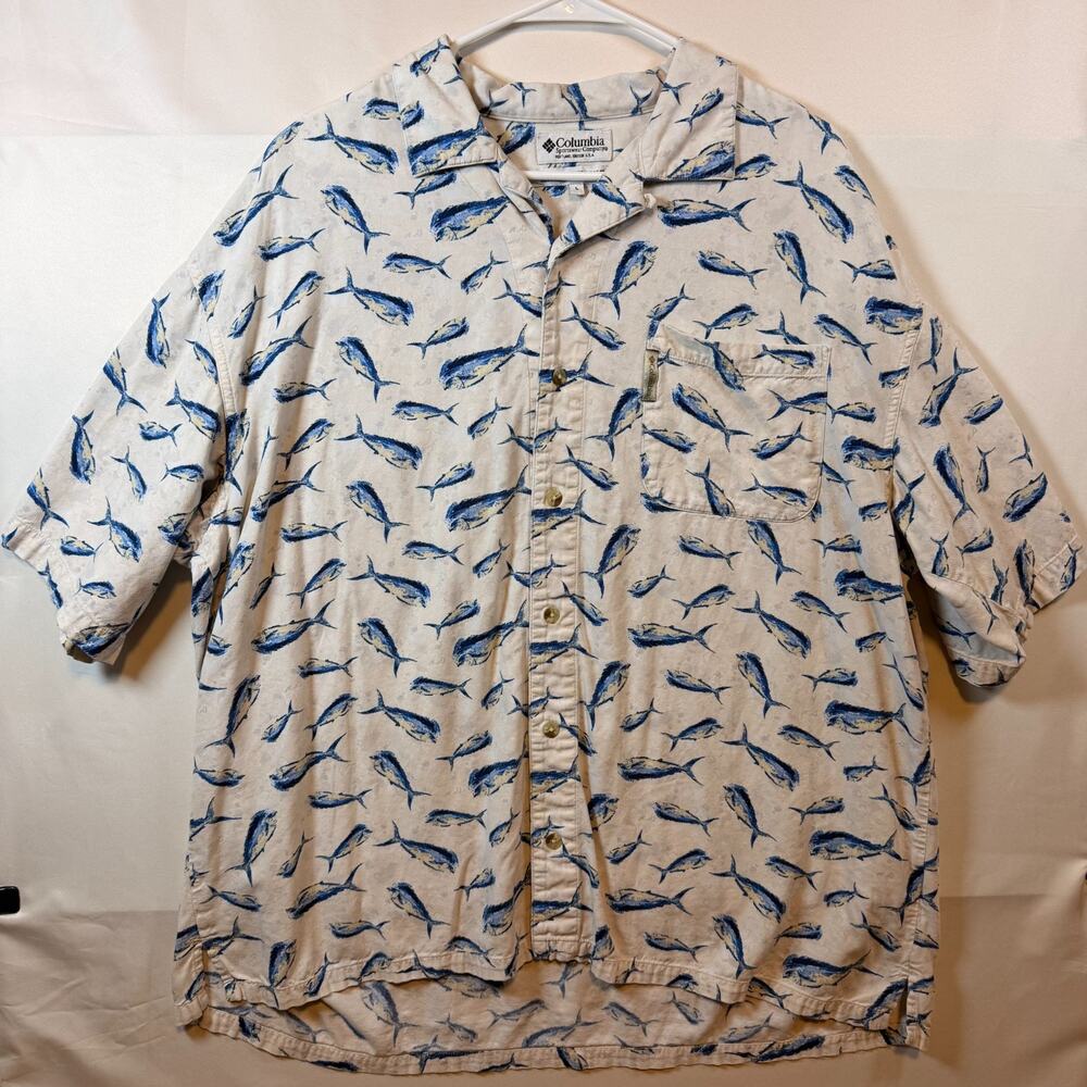 Columbia Sportswear Mens Fish Print Short Sleeve Button Down Shirt Size Large